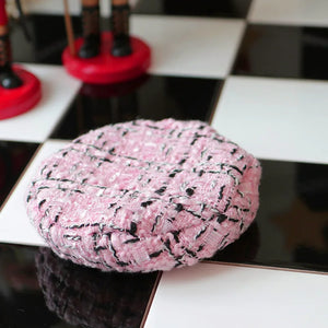 Pink tweed beret cap with black accent thread stripes 