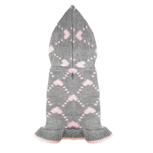 Grey-Pink Heart Hooded Dog Sweater Dress