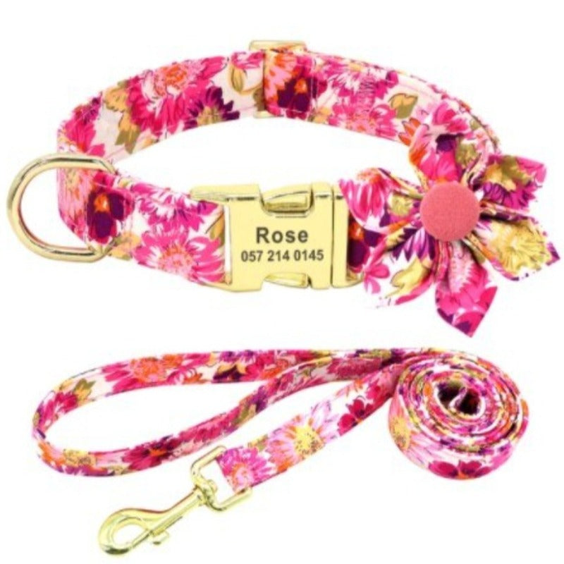 Classy and chic, this Pink Rose Flower matching set includes a Personalized Dog Collar, Leash & gorgeous handsewn Flower slider. 