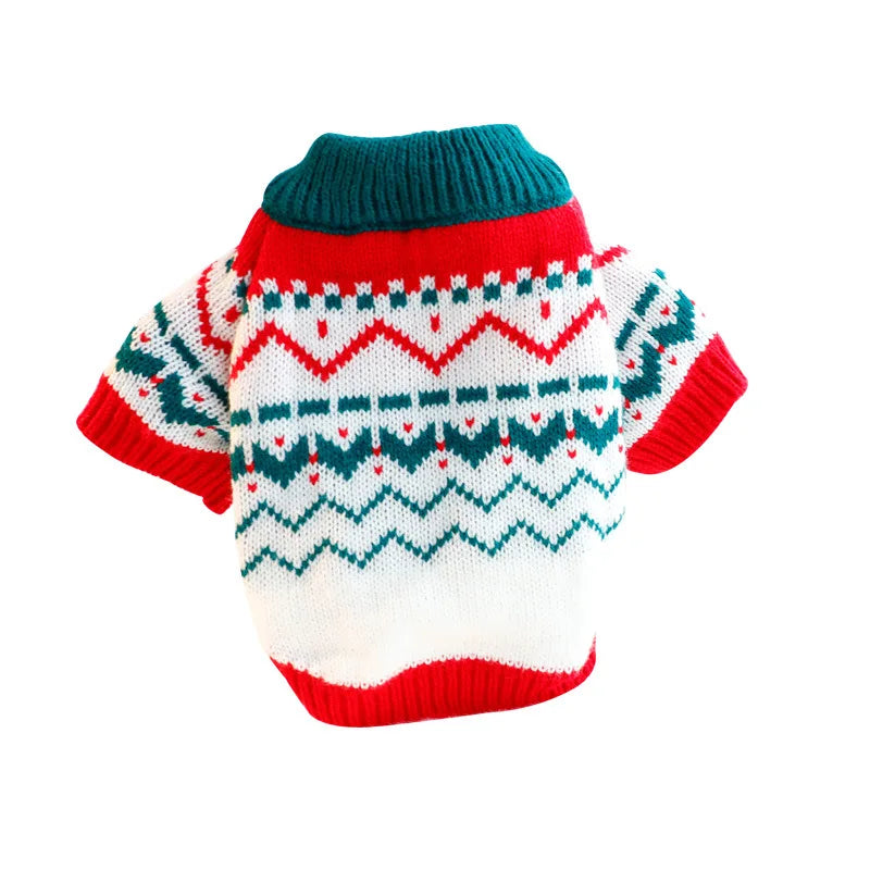 White Christmas dog sweater features red and green zig zags.