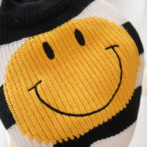 Happy Face Dog Sweater feature big yellow smiling face
