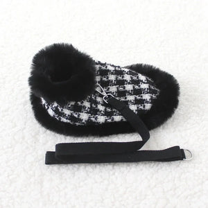 Tres Chic Black Houndstooth Dog Coat, Cap & Leash Set features a faux-fur lining.