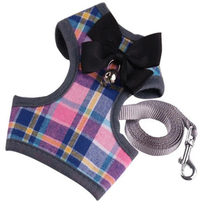 Pink Checked Tuxedo Vest Bow Tie Dog Harness & Leash Set