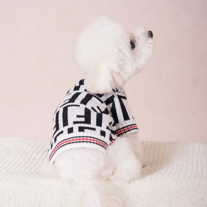 Fendi designer-inspired dog sweater cardigan on a Maltipoo.