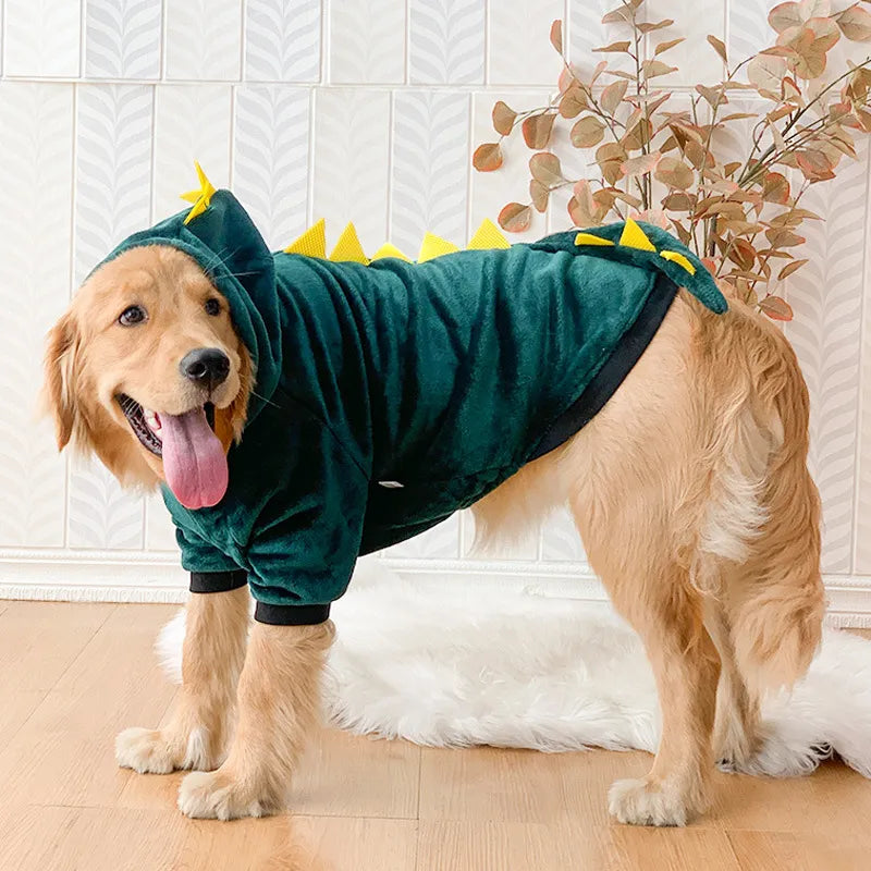 Golden Retriever wearing Large Dog Dinosaur Costume/PJs