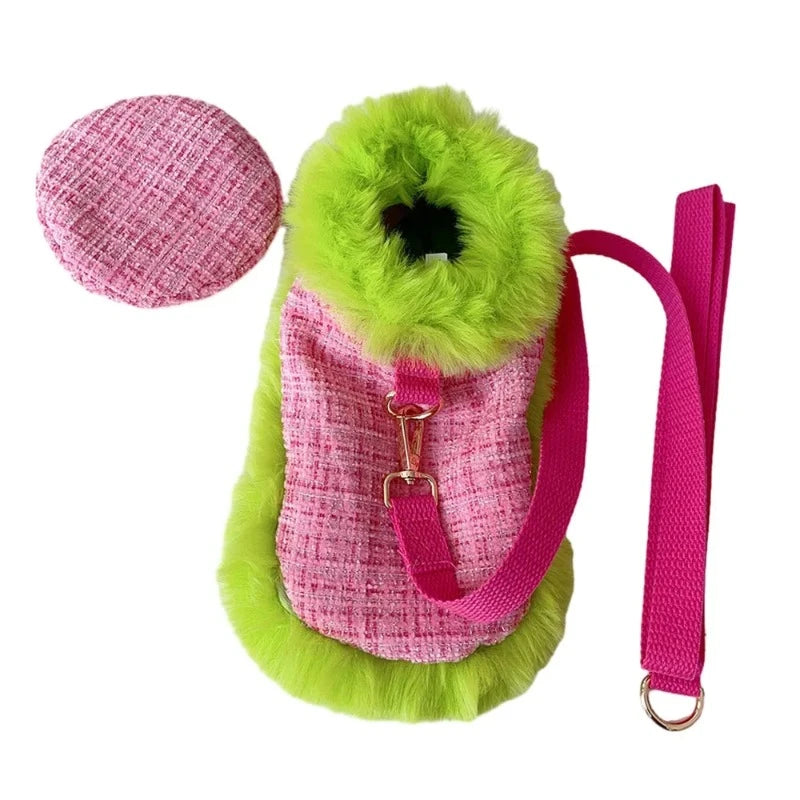 Maltese in Tres Chic Pink and Lime Tweed Coat, Beret Cap and Leash Set. 