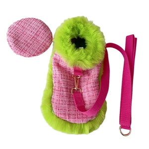 Tres Chic Pink and Lime Tweed Coat, Beret Cap and Leash Set. 