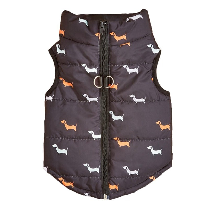 Waterproof Puffer Dog Vest in Black with D-rings and cute dog pattern.