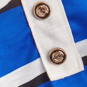 Blue Striped Polo Dog Shirt features 2 gold buttons