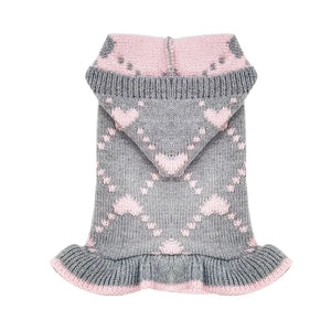 Grey-Pink Heart Hooded Dog Sweater Dress