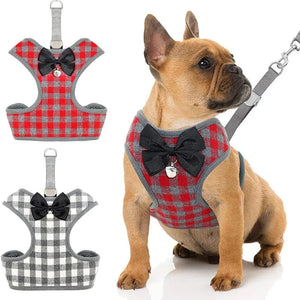 Checked Tuxedo Vest Bow Tie Dog Harness & Leash Set fits small dogs.