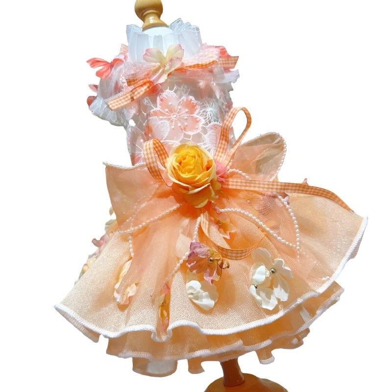 Designer Handmade Orange Flower Dog Party Dress