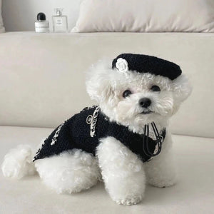 Chic Chanel-esque Hat & Dog Dress in Black on a Maltipoo