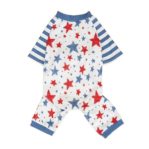 Patriotic Stars & Stripes Dog PJs are white with blue striped sleeves and red and blue stars on body.