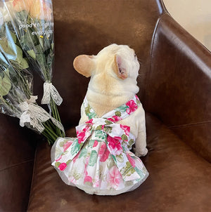 Floral Hibiscus French Bulldog/Pug Dog Dress hasbow and tulle underskirt.