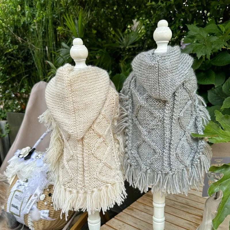 Handmade Hooded Cable Knit Sweater Dog Poncho comes in 2 colors: cream or gray