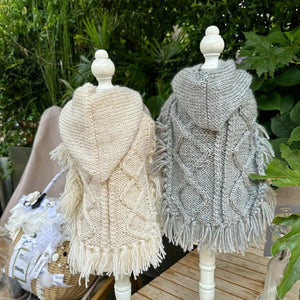 Handmade Hooded Cable Knit Sweater Dog Poncho comes in 2 colors: cream or gray