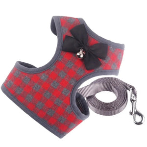Red Checked Tuxedo Vest Bow Tie Dog Harness & Leash Set