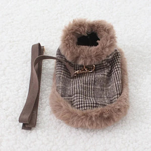 Tres Chic Brown Tweed Dog Coat, Cap & Leash Set is lined with faux fur and includes a D-ring.