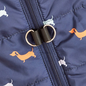 Puffer jacket comes with a zipper and D-rings for leash attachment.