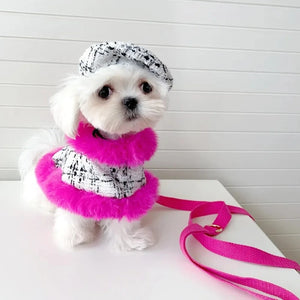 Tres Chic Hot Pink and White Tweed Coat, Beret Cap and Leash Set. Leash is hot pink.