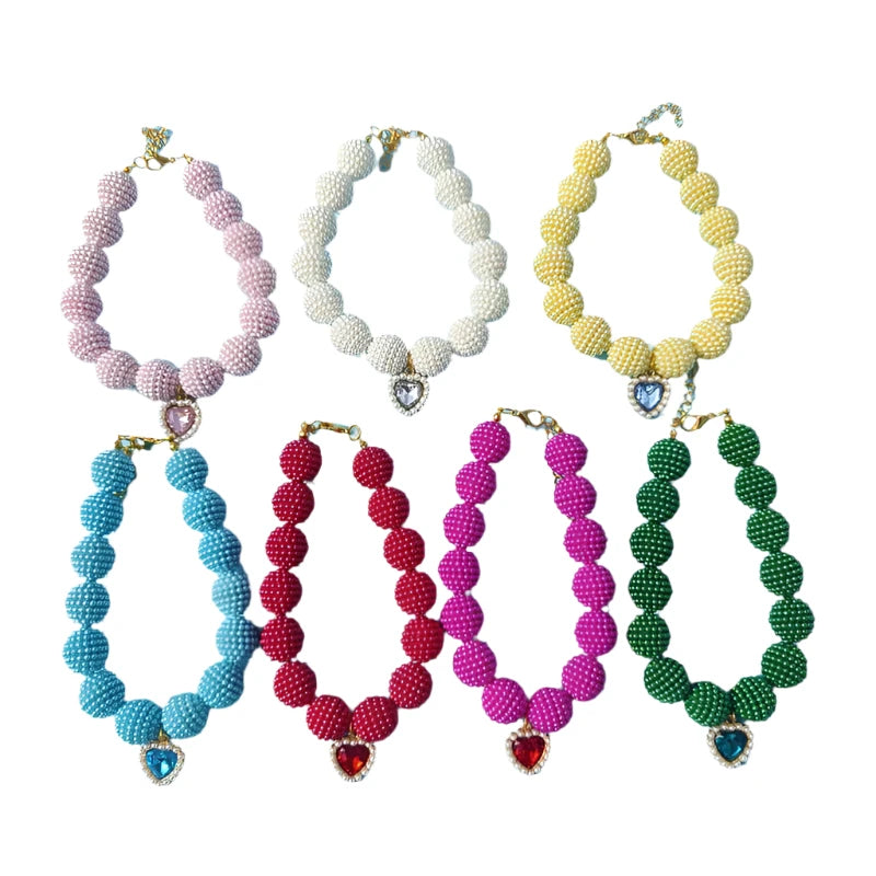 Crystal Heart Colorful Beaded Pearl Dog Necklace comes in 7 colors