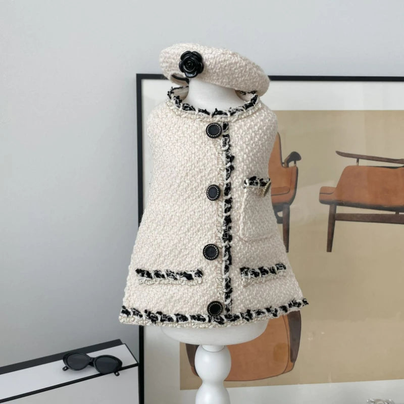 Chic Chanel-esque Hat & Dog Dress in off-white tweed