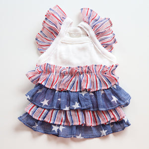 Red, White & Blue Dog Dress with blue skirt and white stars.