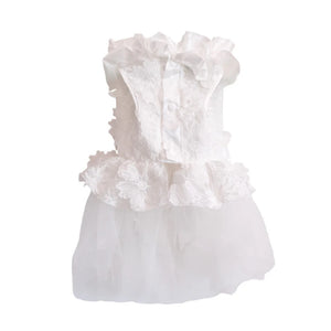 Big Dog Frilly Wedding Dress features floral lace, 3 snap buttons and tulle skirt