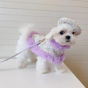 Set is lined with faux fur in lilac and has a matching lilac leash.