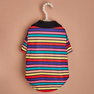 Rainbow Striped Dog Polo Shirt features red, purple, pink, blue, peach, and yellow horizontal stripes and a black collar.