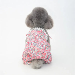 Floral Romper Dog Overalls Jumpsuit in pink on a Poodle (back view)