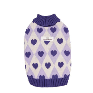 Purple Diamond Heart Dog Sweater has a label that says "Always Together"