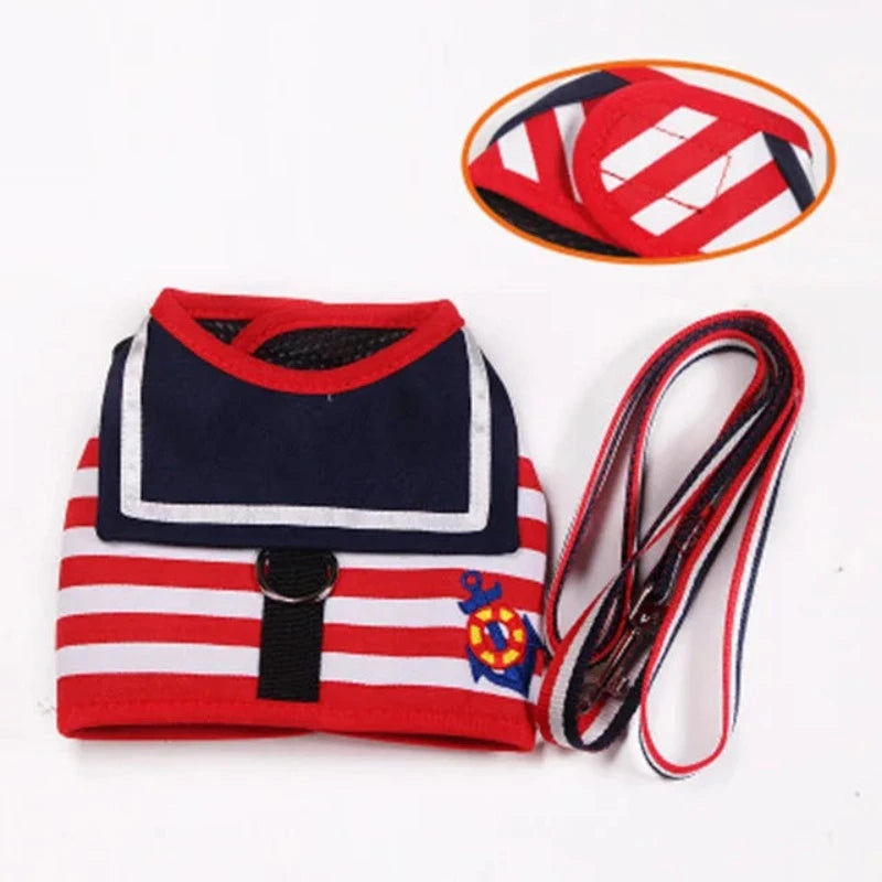 Red Stripe Sailor Dog Harness & Leash Set