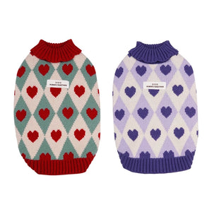 Diamond Heart Dog Sweater comes in vintage red or purple