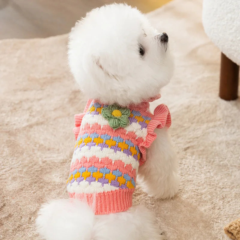 Knitted Flower Dog Sweater features rows of pastels.