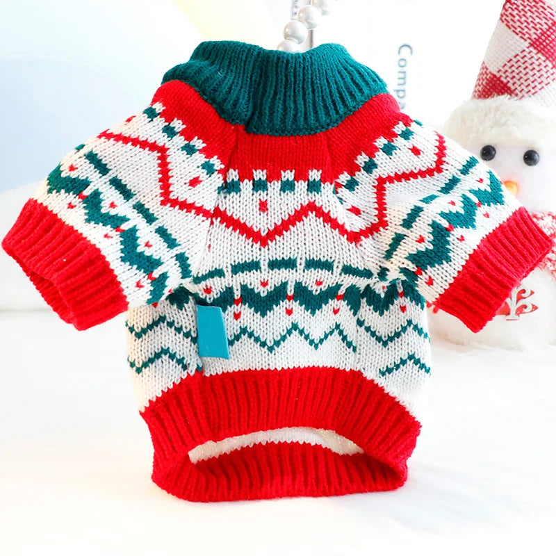 White Christmas dog sweater features red and green zig zags.