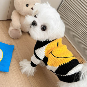 Maltese wearing Happy Face Dog Sweater.