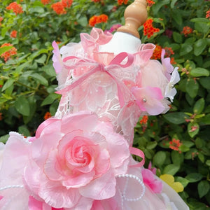 Designer Rose Dog Party Dress features intricate rose lace, rose flowers, faux pearl trim and white tulle skirt