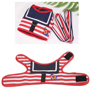 Red stripe Sailor Dog Harness comes with matching leash.