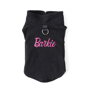 Black Barbie Parody "Barkie" Polar Dog Fleece with pink letters.