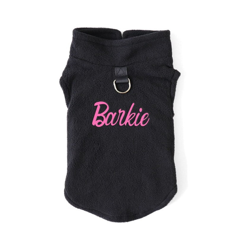 Pink Barbie Parody "Barkie" Polar Dog Fleece with black letters.