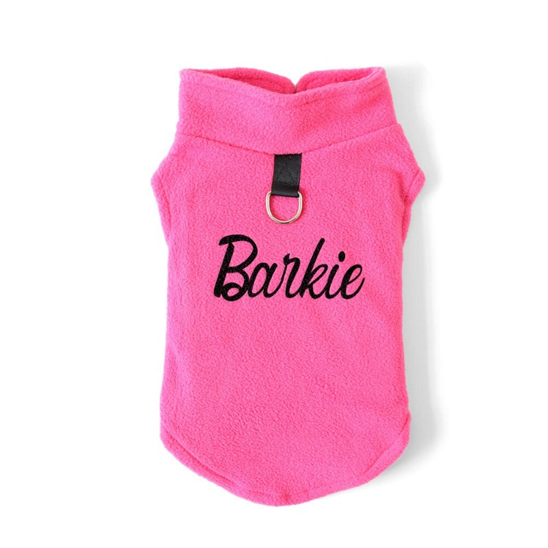 Pink Barbie Parody "Barkie" Polar Dog Fleece with black letters.