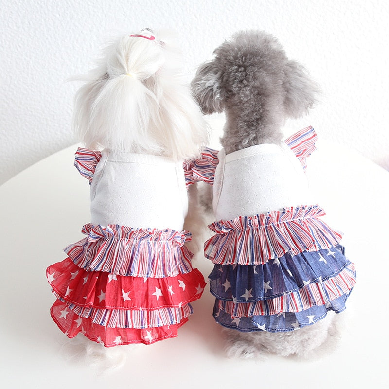Red, White & Blue Dog Dress comes with either a red star ruffled skirt or blue star ruffled skirt.