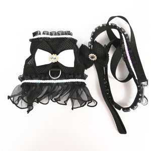 Black Princess Lace Dress Dog Harness & Leash Set has a white bow.