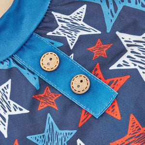 Blue Pjs are adorned with 2 buttons