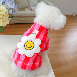 Pink Smiley Flower Dog Fleece on a Bichon