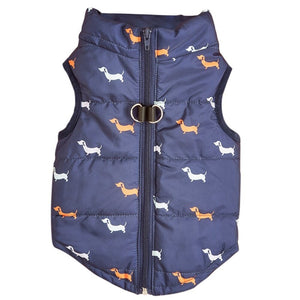 Waterproof Puffer Dog Vest in Blue with D-rings and cute dog pattern.