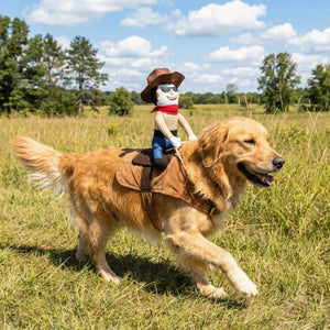 A golden retriever running through a grassy field outdoors, wearing a brown saddle and a cowboy doll rider on its back. The doll has a brown hat, red neckerchief, beige shirt, blue pants, and white face.
