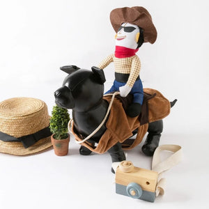Toy cowboy figure on a horse with a camera and hat in the background